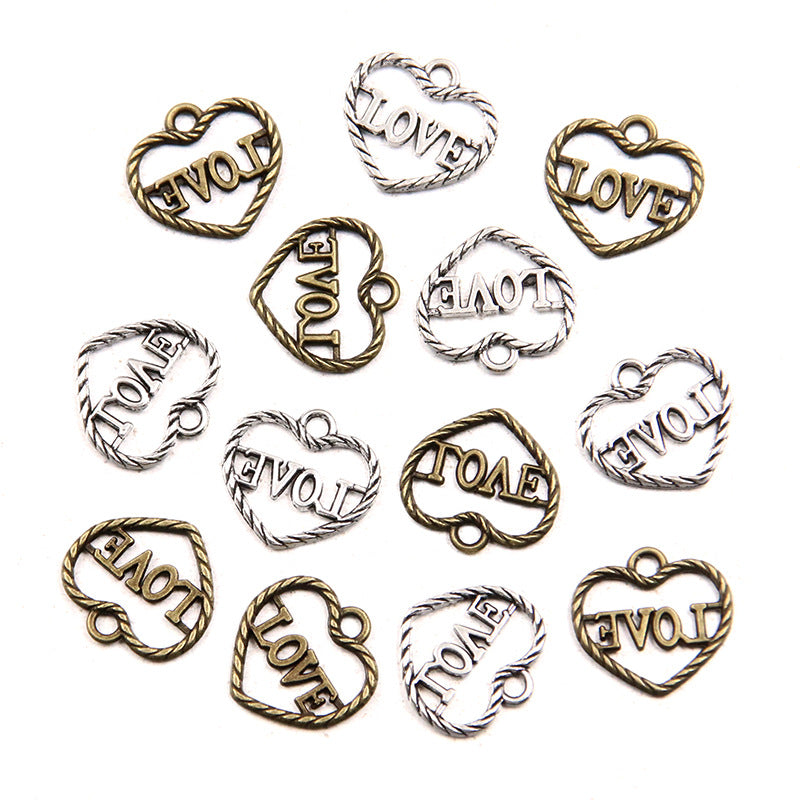 2 Colors 13*14mm DIY Zinc Alloy Accessories Hollow Heart LOVE Pendant Charm