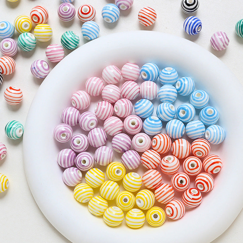 Striped contrasting straight hole round beads ceramic loose beads