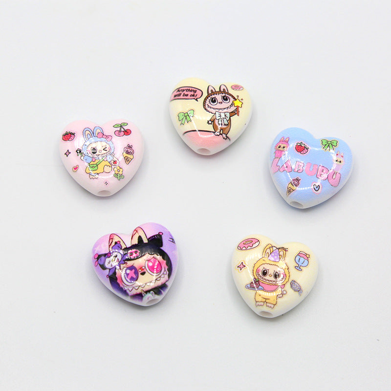 Labubu アクリルビーズプリントのハート型ビーズペンアクセサリー