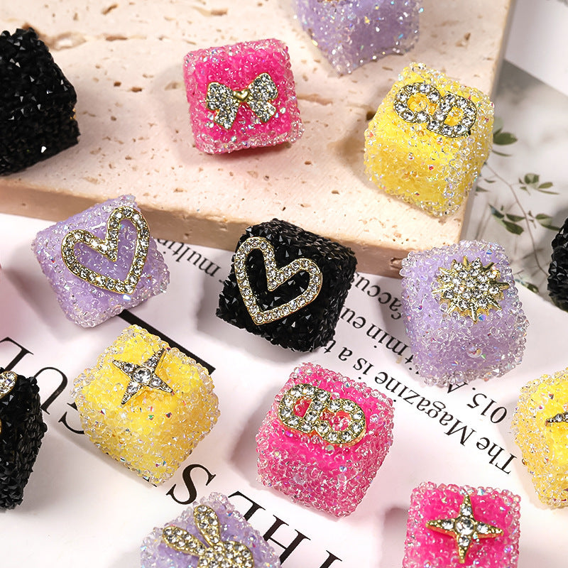 Wrapped in rhinestones Colorful soft sugar double-sided heart bow square Cube beads