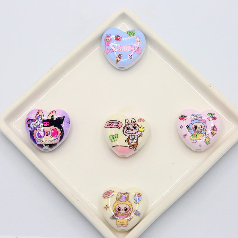 Labubu アクリルビーズプリントのハート型ビーズペンアクセサリー