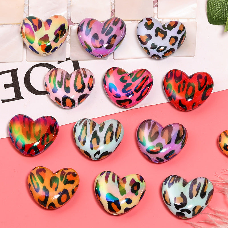 Leopard print heart beads acrylic straight hole