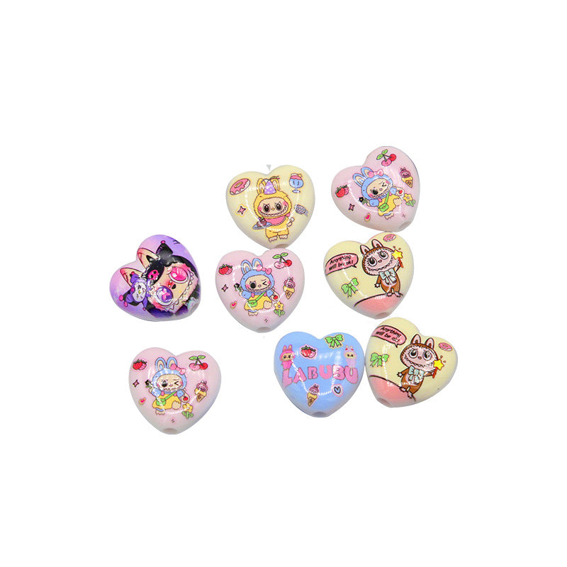 Labubu アクリルビーズプリントのハート型ビーズペンアクセサリー