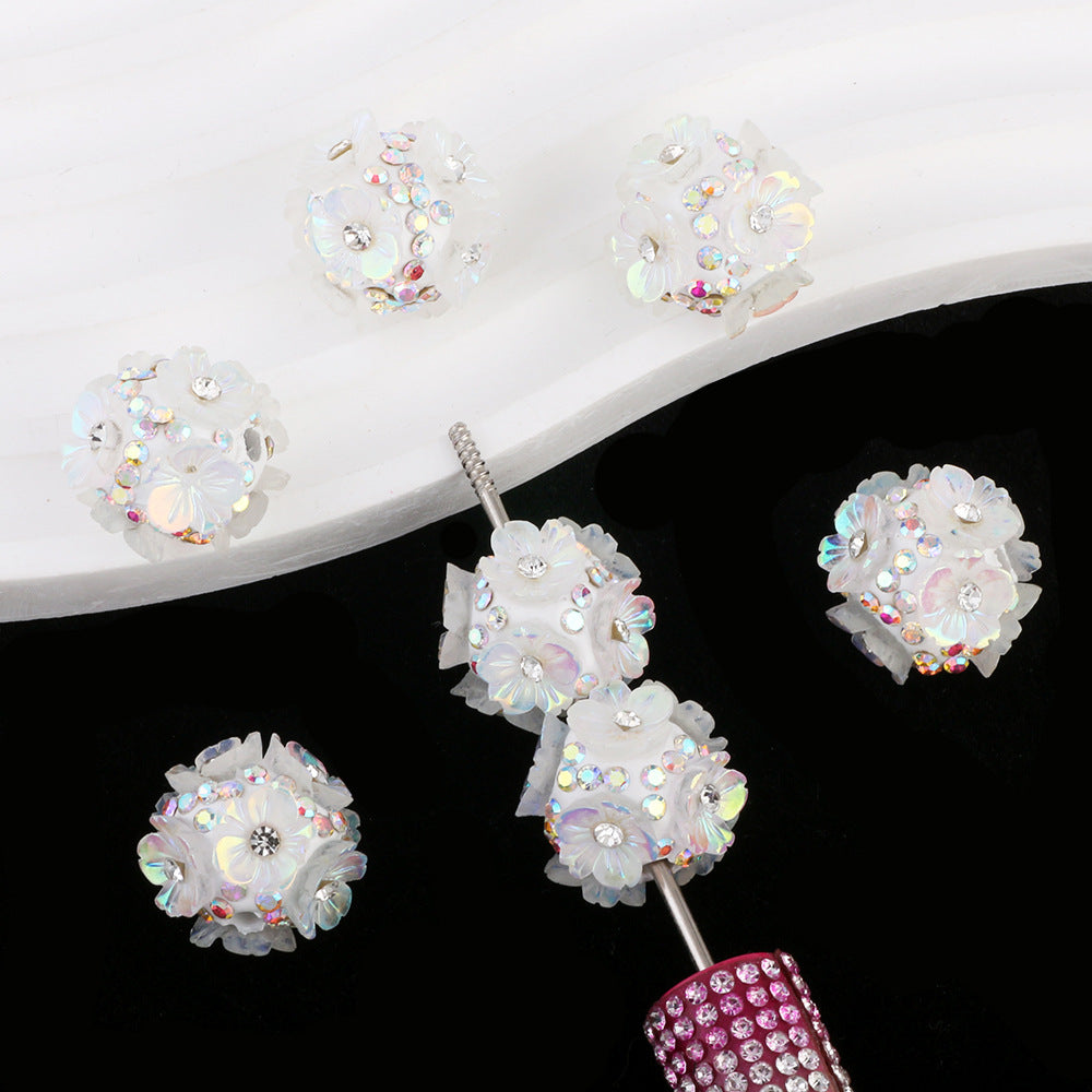 2cm Five-Petal Flower Ball with Rhinestones, Drillable Straight Hole Bead
