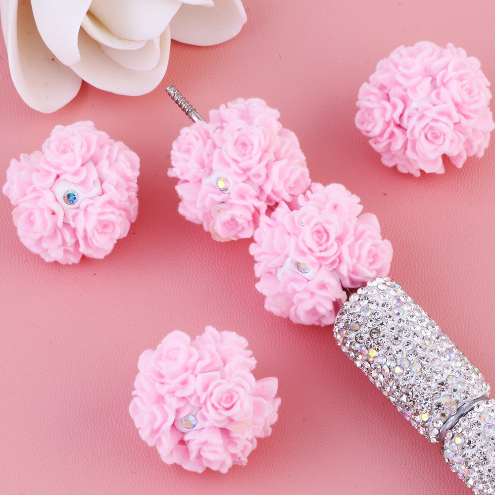 3D Flocked Rose Flower with Rhinestone Flower Ball