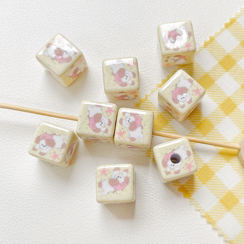 Cream yellow checkered teddy bear Acrylic beadable beads