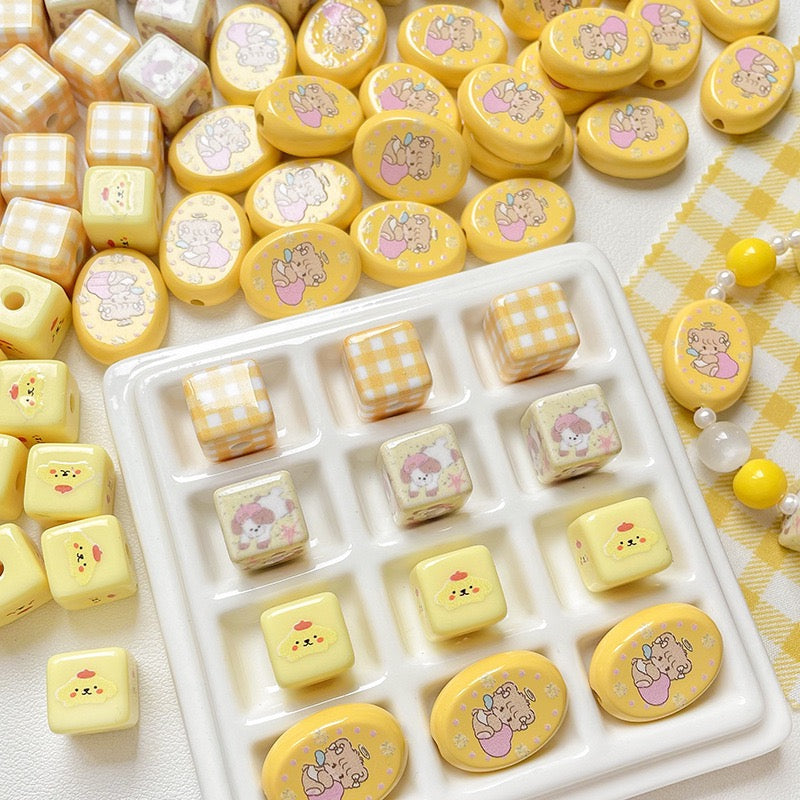 Cream yellow checkered teddy bear Acrylic beadable beads