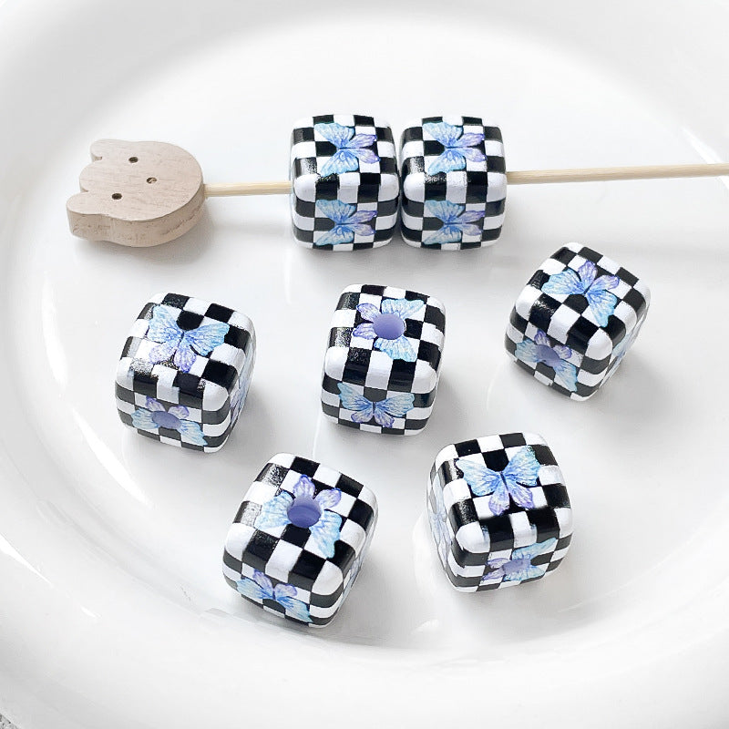 Hand-painted Print Plaid Beads Acrylic Butterfly Tulip Beads