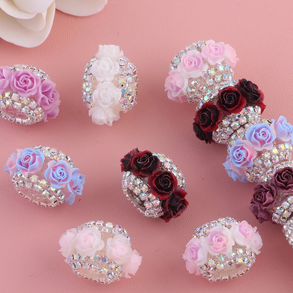 Simulated Rose Flower Inlaid Diamond Chain Flat Bead Diamond Ball Bead