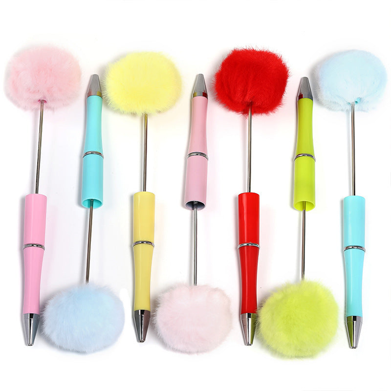 Macaron Color Top Hair Ball Beaded Pen