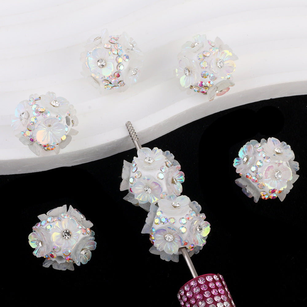 2cm Five-Petal Flower Ball with Rhinestones, Drillable Straight Hole Bead