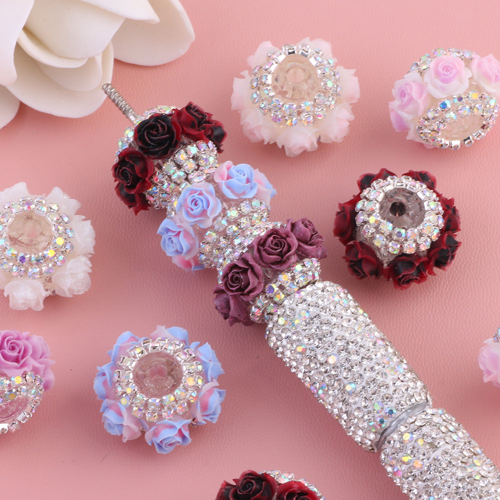 Simulated Rose Flower Inlaid Diamond Chain Flat Bead Diamond Ball Bead