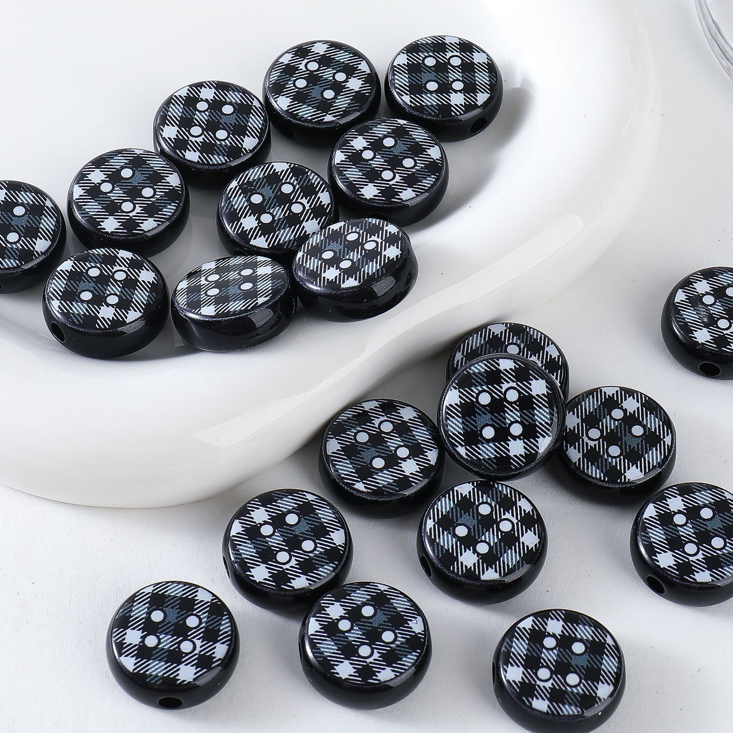 Sweet Plaid Print Button Round Beads