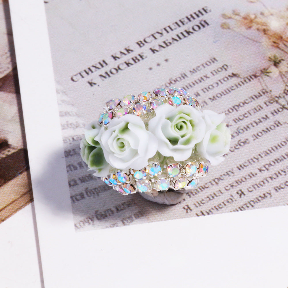 Rose Flower Holder Spacer Beads with Inlaid Rhinestones