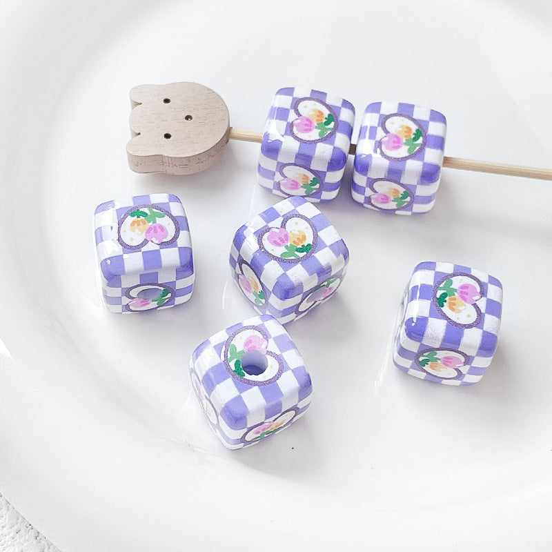 Hand-painted Print Plaid Beads Acrylic Butterfly Tulip Beads