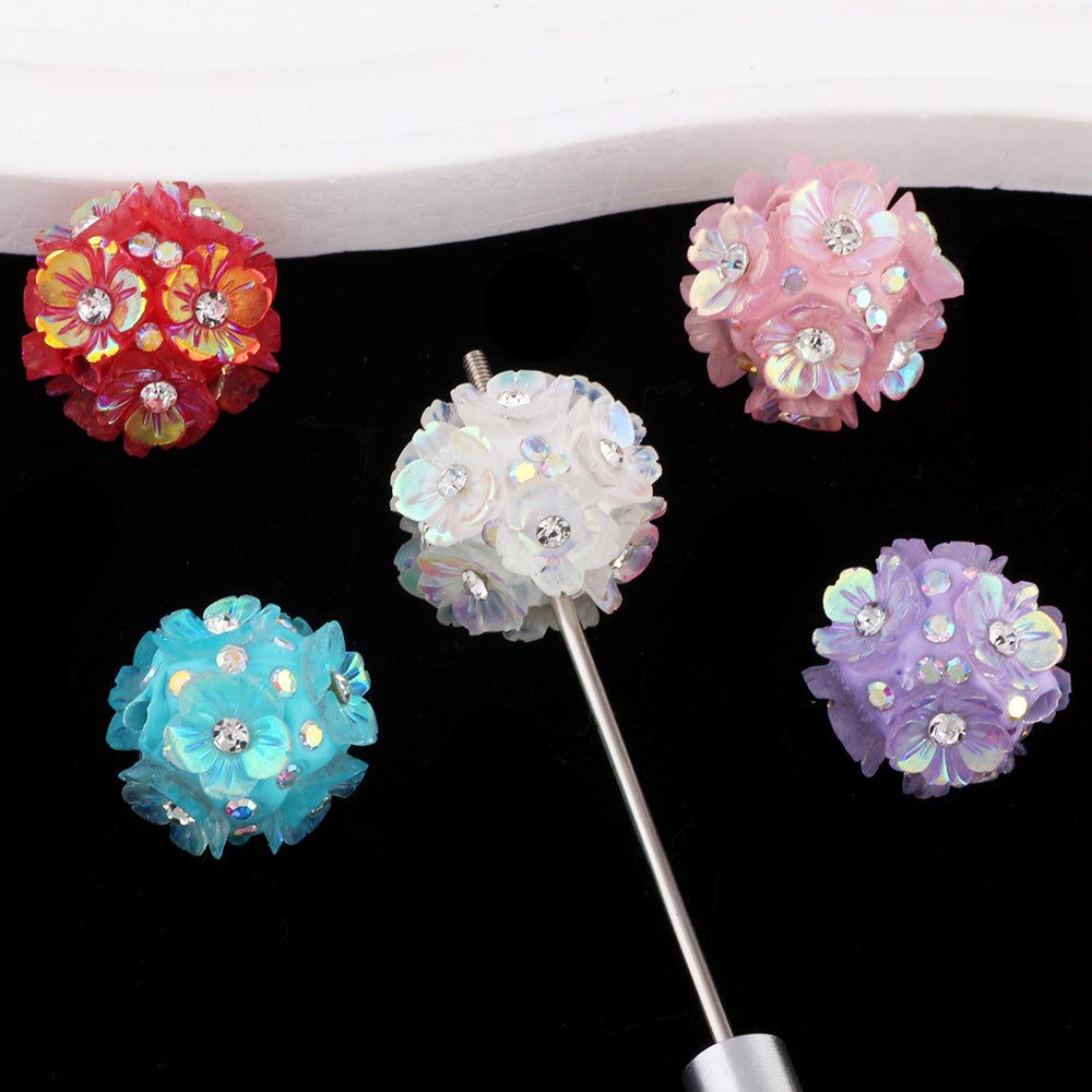 2cm Five-Petal Flower Ball with Rhinestones, Drillable Straight Hole Bead