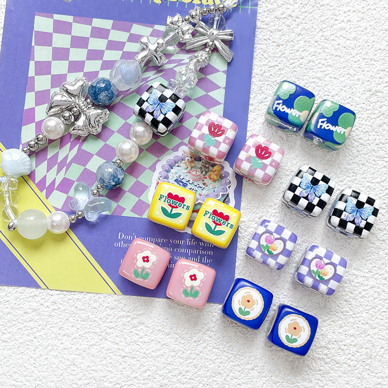 Hand-painted Print Plaid Beads Acrylic Butterfly Tulip Beads