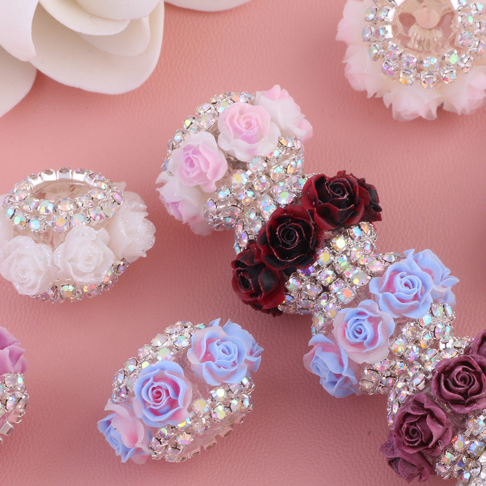 Simulated Rose Flower Inlaid Diamond Chain Flat Bead Diamond Ball Bead