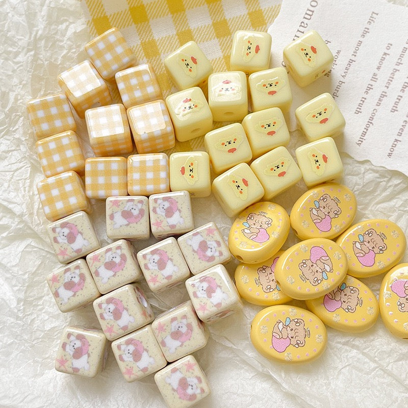 Cream yellow checkered teddy bear Acrylic beadable beads
