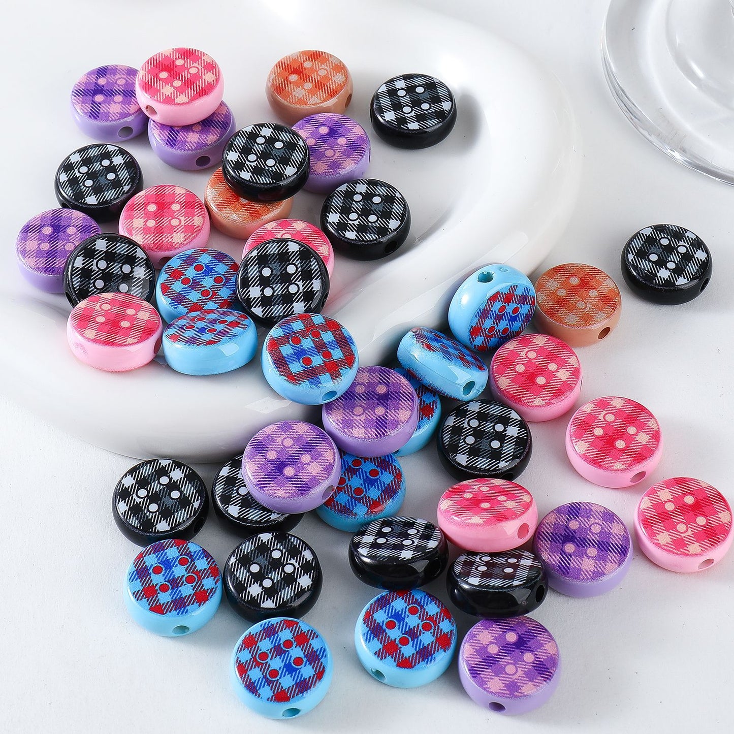 Sweet Plaid Print Button Round Beads