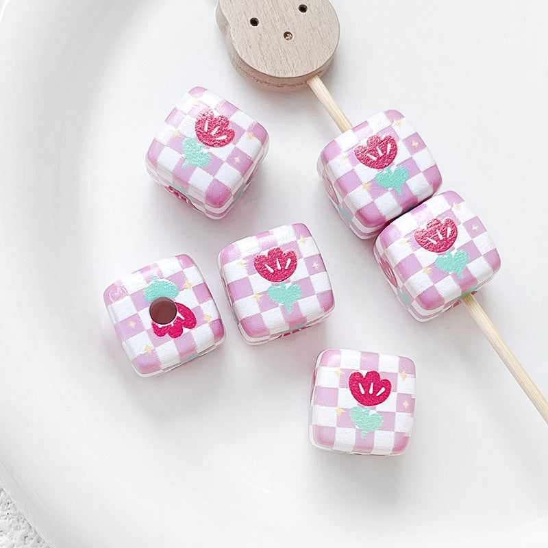 Hand-painted Print Plaid Beads Acrylic Butterfly Tulip Beads