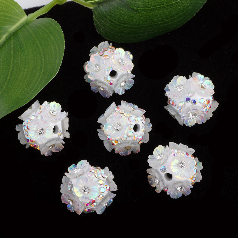 2cm Five-Petal Flower Ball with Rhinestones, Drillable Straight Hole Bead