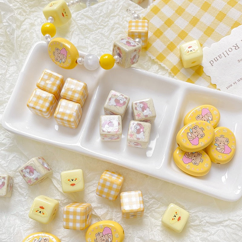 Cream yellow checkered teddy bear Acrylic beadable beads