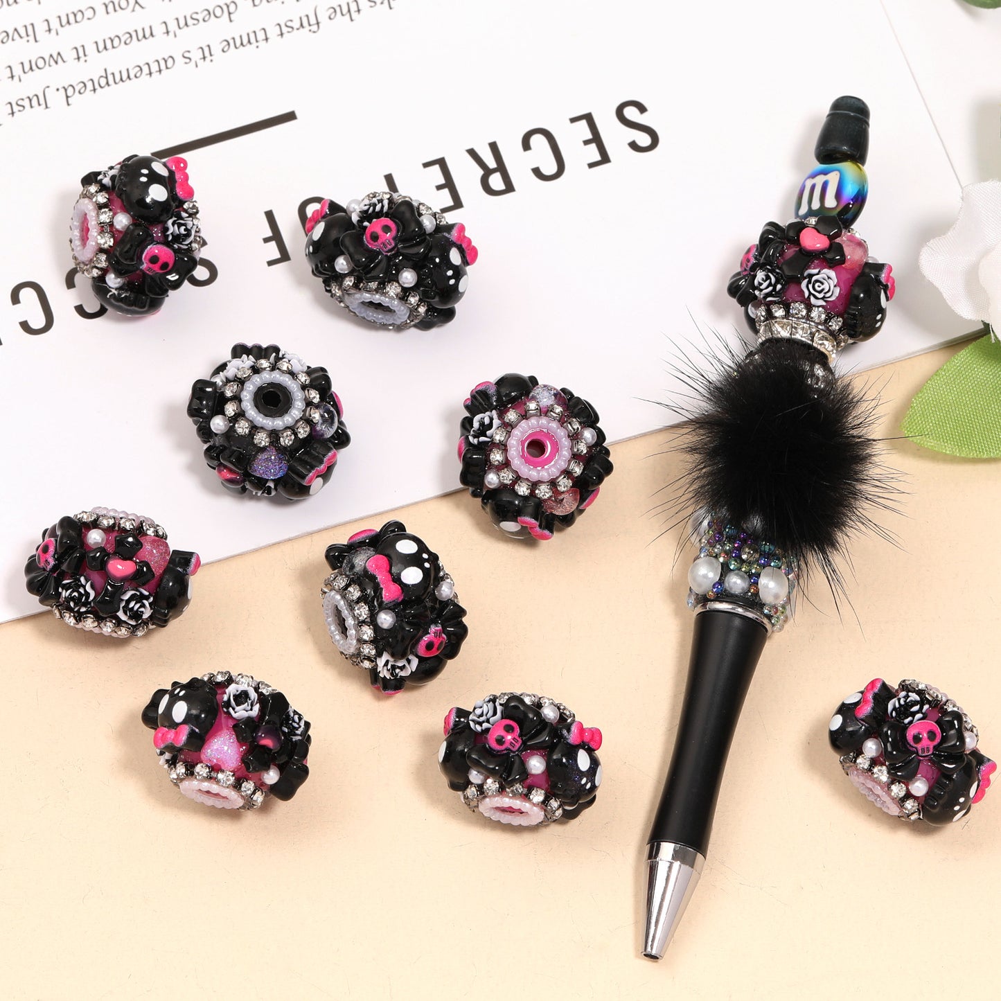 Black and Red Cross Skull Acrylic Beads
