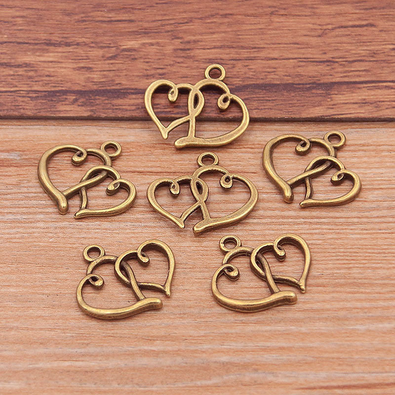 2 Colors 17*18mm DIY Alloy Jewelry Accessories Double Heart Charm Pendant Handmade Jewelry Accessories Pendant
