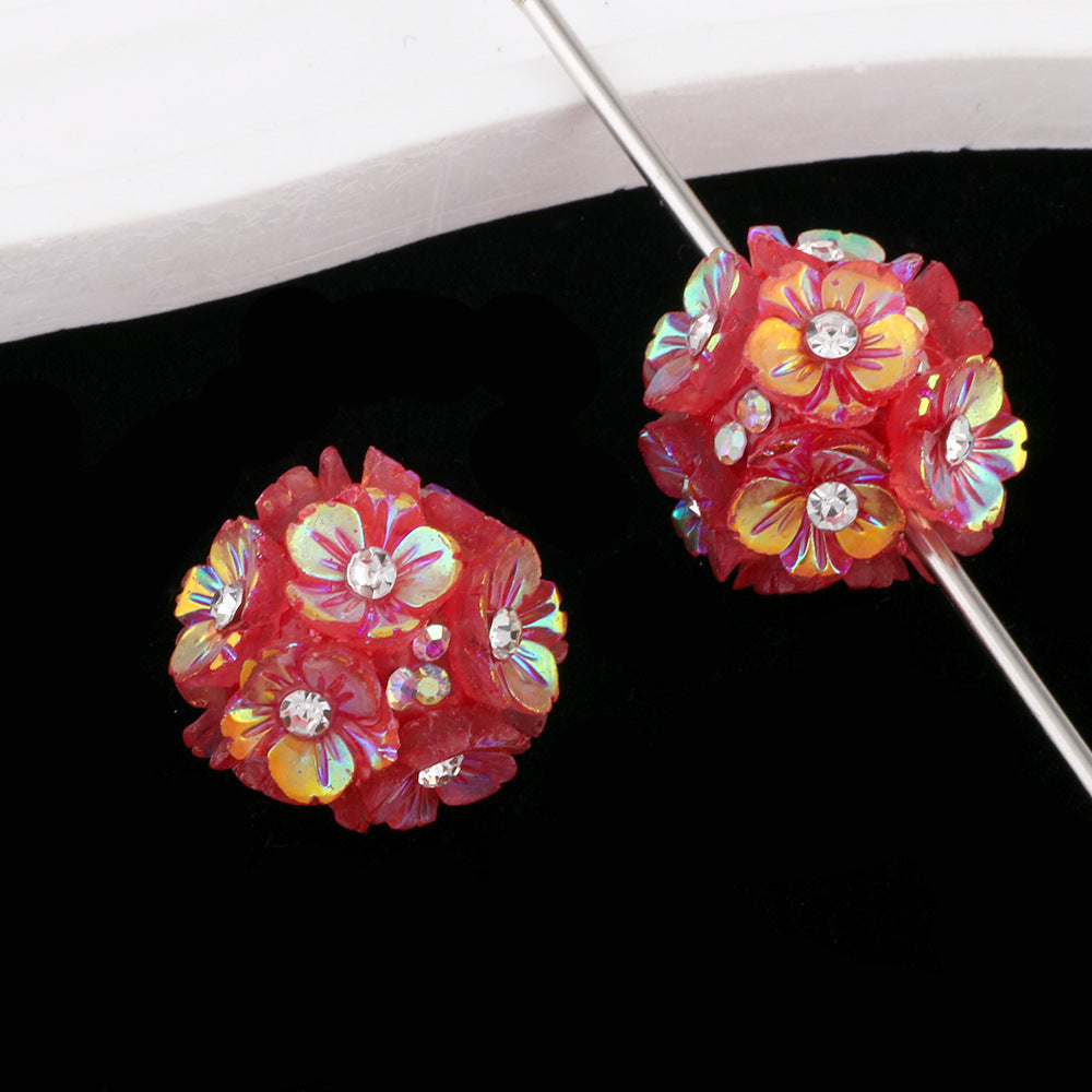2cm Five-Petal Flower Ball with Rhinestones, Drillable Straight Hole Bead