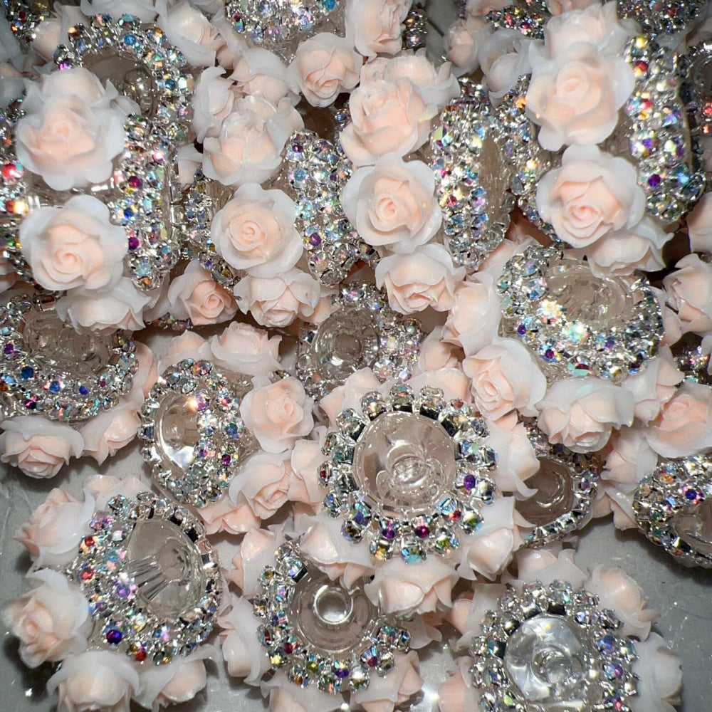 Rose Flower Holder Spacer Beads with Inlaid Rhinestones