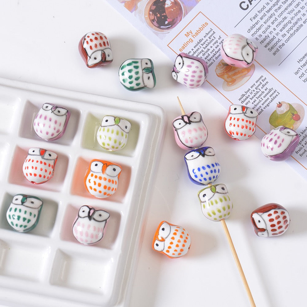 Ceramic hand-painted animal owl bearable beads