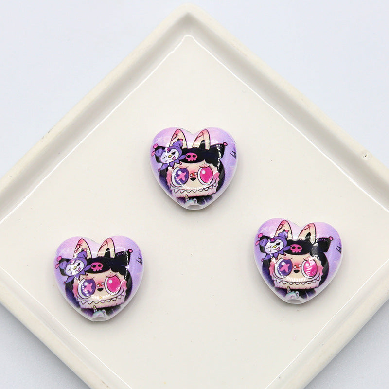 Labubu アクリルビーズプリントのハート型ビーズペンアクセサリー