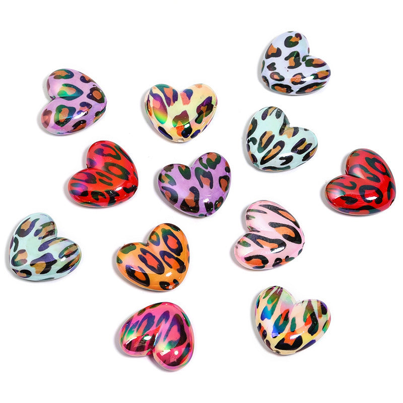 Leopard print heart beads acrylic straight hole