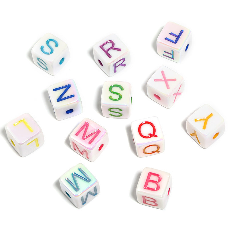 Acrylic 14mm square beads with colorful letters on white background