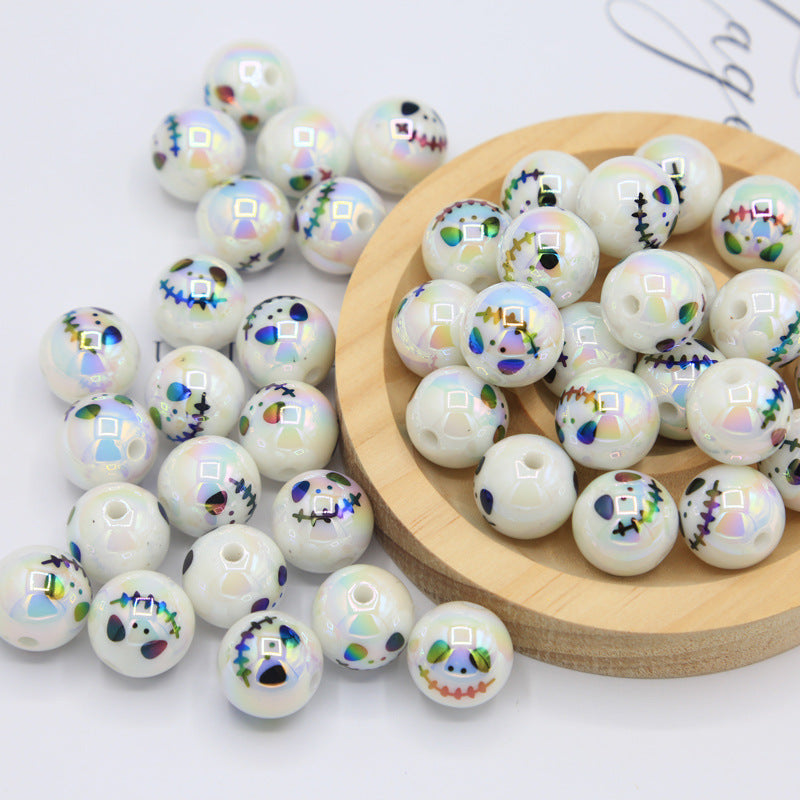 Halloween acrylic printed UV-plated straight hole round beads DIY mobile phone chain bag chain beaded pumpkin skull beads