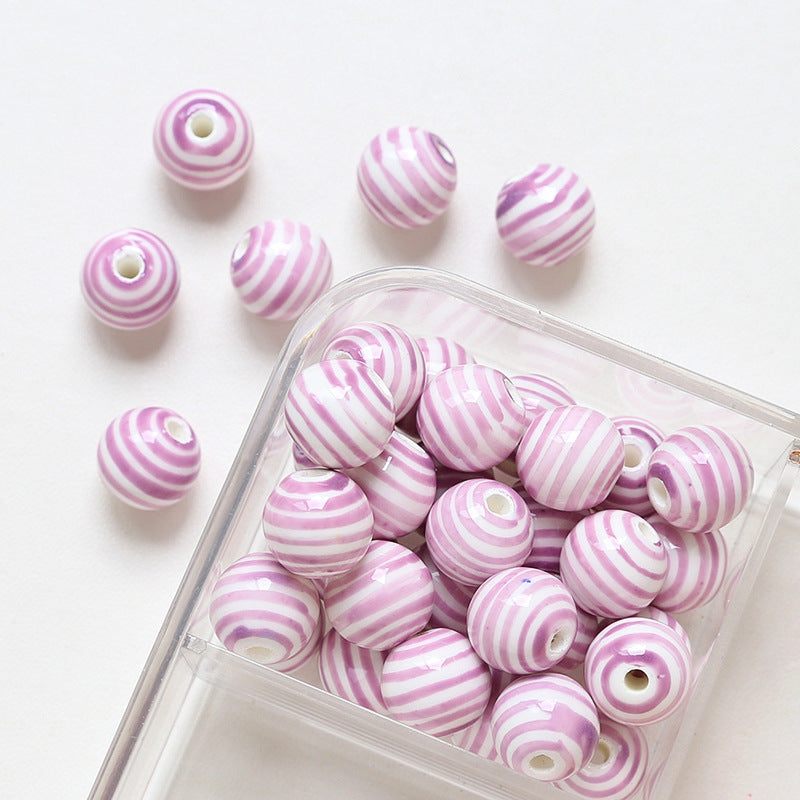 Striped contrasting straight hole round beads ceramic loose beads