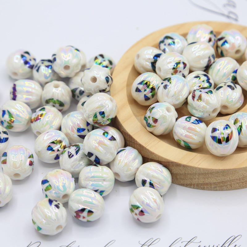 Halloween acrylic printed UV-plated straight hole round beads DIY mobile phone chain bag chain beaded pumpkin skull beads