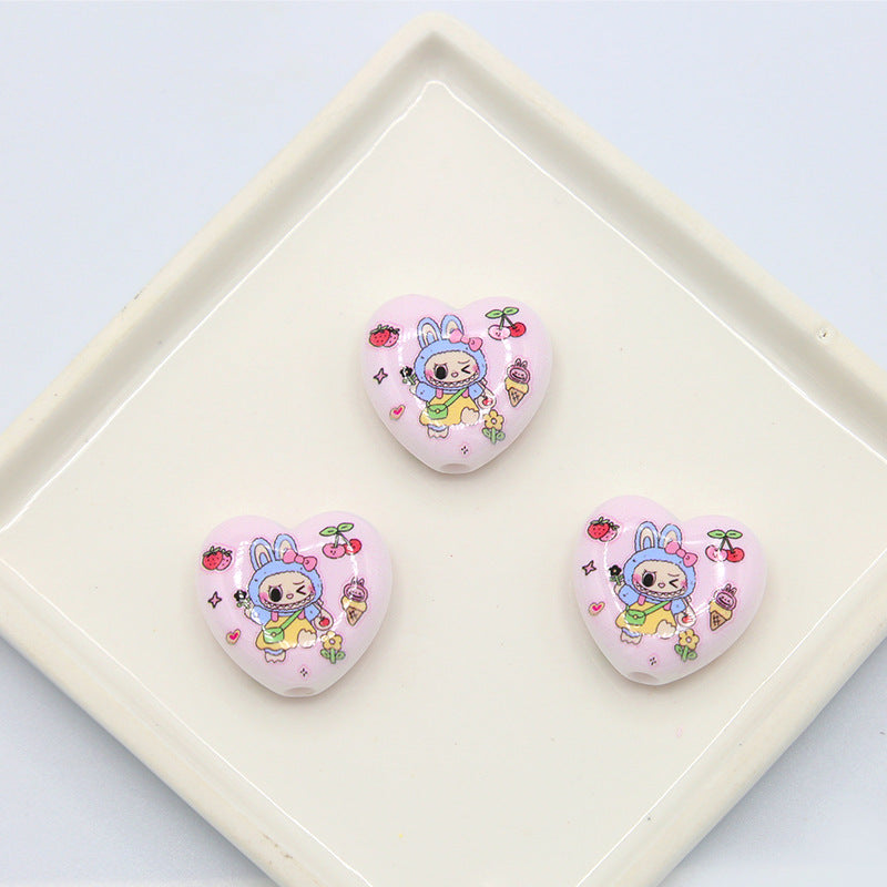 Labubu アクリルビーズプリントのハート型ビーズペンアクセサリー