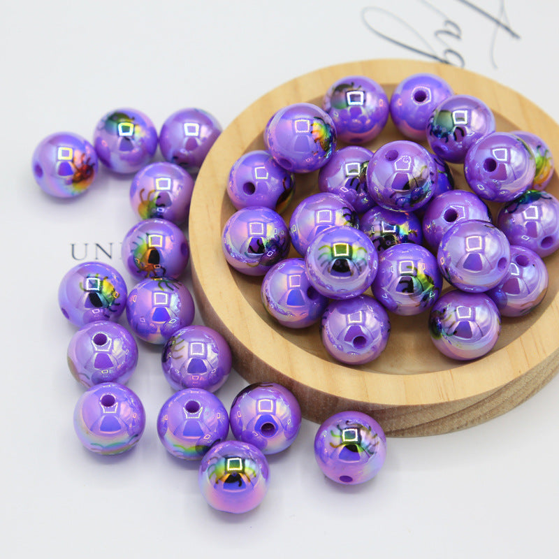Halloween acrylic printed UV-plated straight hole round beads DIY mobile phone chain bag chain beaded pumpkin skull beads
