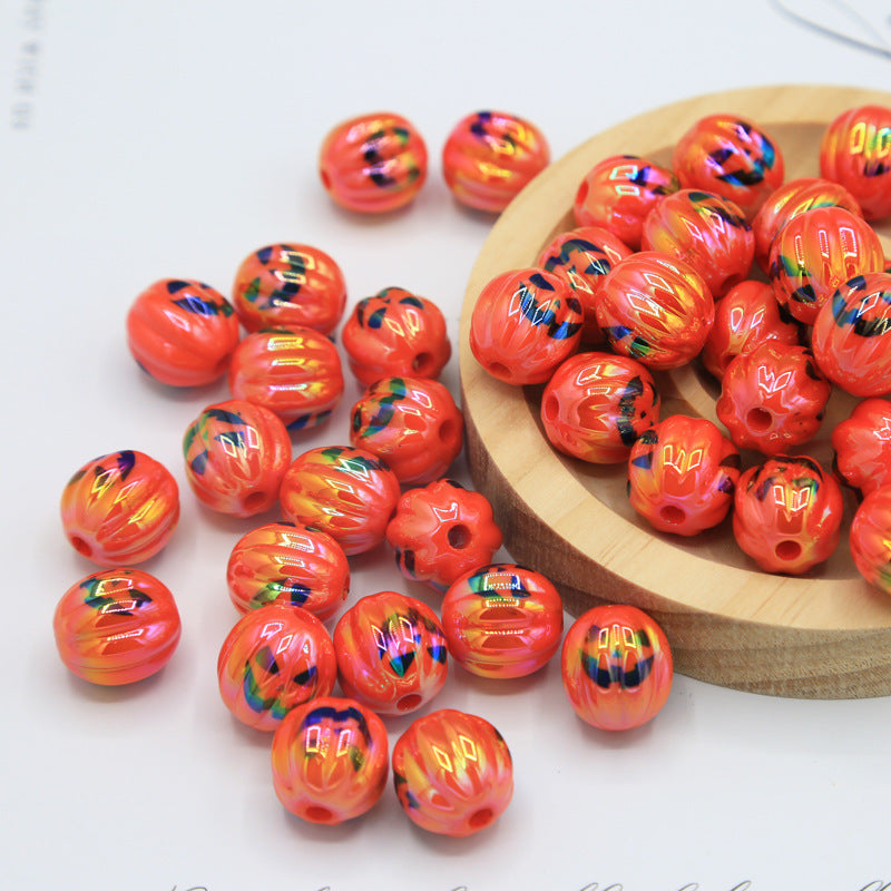 Halloween acrylic printed UV-plated straight hole round beads DIY mobile phone chain bag chain beaded pumpkin skull beads