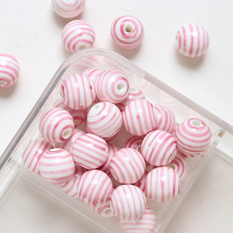 Striped contrasting straight hole round beads ceramic loose beads