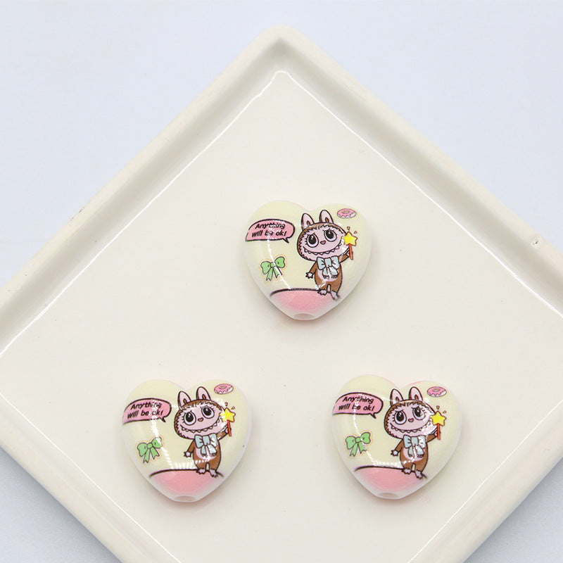 Labubu アクリルビーズプリントのハート型ビーズペンアクセサリー