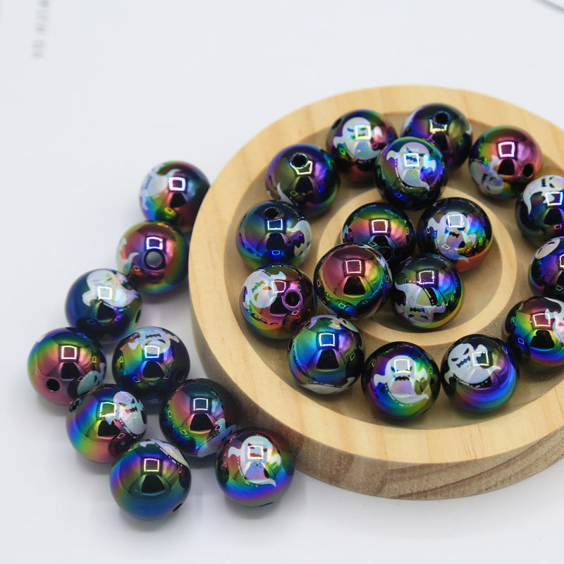 Halloween acrylic printed UV-plated straight hole round beads DIY mobile phone chain bag chain beaded pumpkin skull beads