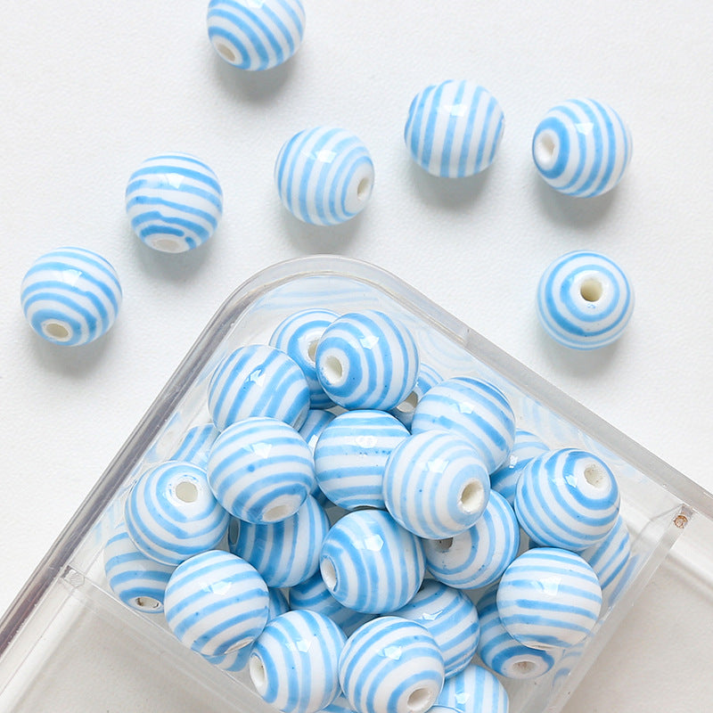 Striped contrasting straight hole round beads ceramic loose beads