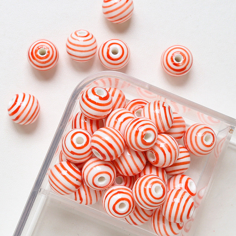 Striped contrasting straight hole round beads ceramic loose beads