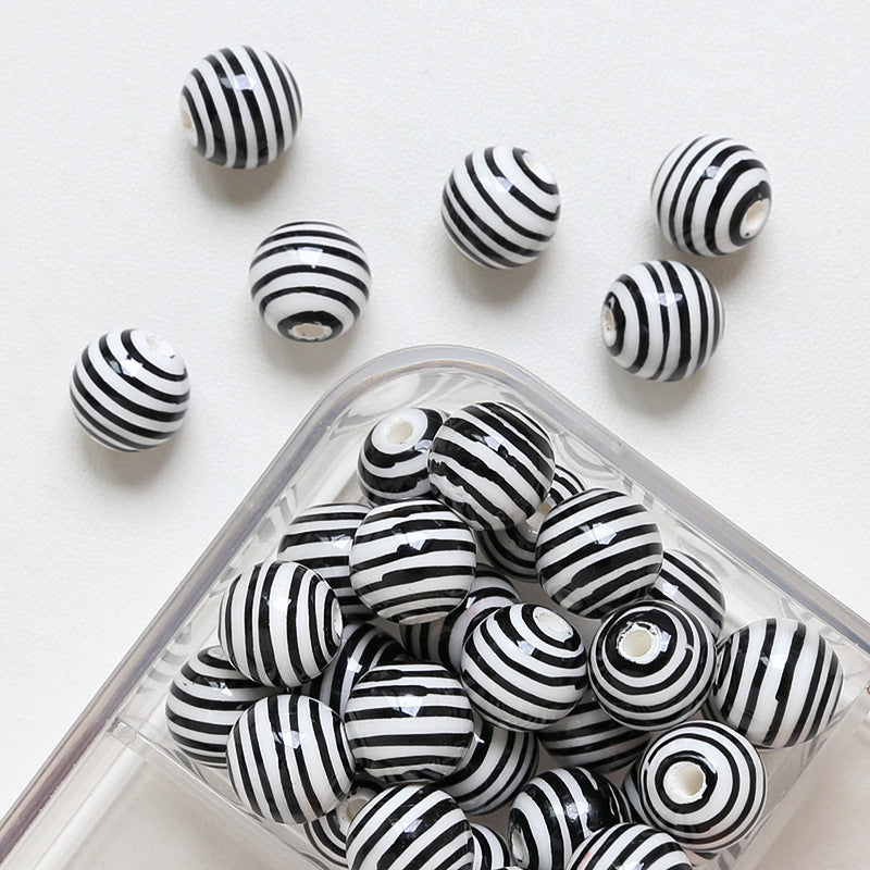 Striped contrasting straight hole round beads ceramic loose beads