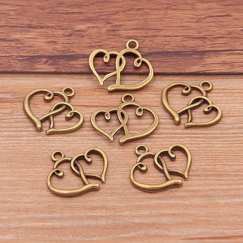 2 Colors 17*18mm DIY Alloy Jewelry Accessories Double Heart Charm Pendant Handmade Jewelry Accessories Pendant
