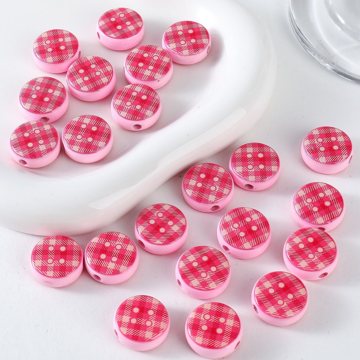 Sweet Plaid Print Button Round Beads