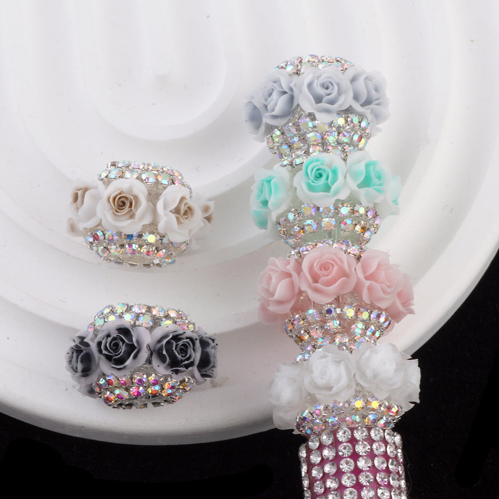 Rose Flower Holder Spacer Beads with Inlaid Rhinestones